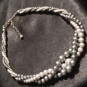 Elegant Silver and White Pearl Like Beaded Necklace Weighted & Graduated.